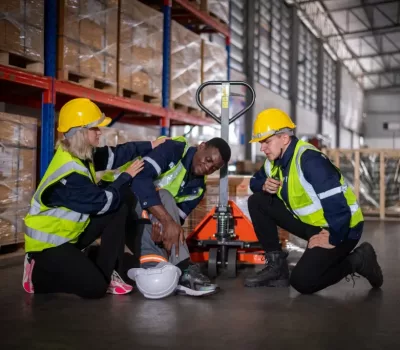 Men in work space helping an injured fellow for WCB